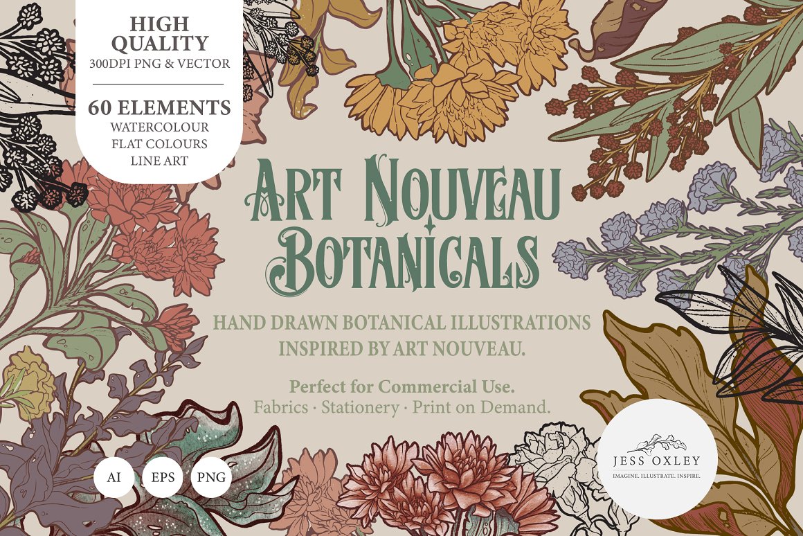  Art Nouveau Botanicals Clipart Set